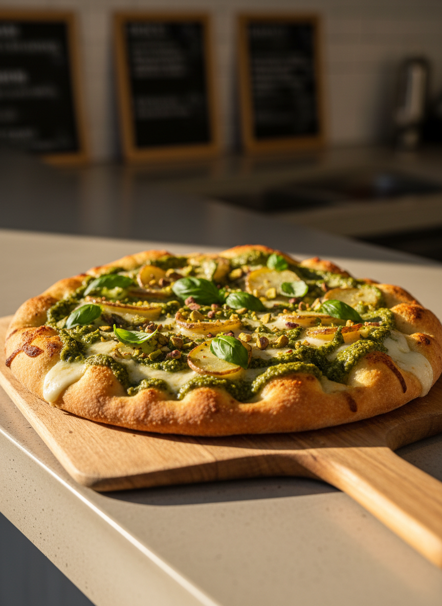 A vibrant focaccia pizza displayed on a wooden peel, its thick, airy base topped with swirls of bright green pesto, thinly sliced potatoes, and melted cheese bubbling at the edges. Specks of crushed pistachio and fresh basil leaves add playful pops of color. The peel rests on a clean, light-colored counter at an open-air market stand, with chalkboard-style price panels implied as blurred shapes in the background, avoiding any readable text. Soft golden hour sunlight washes across the scene, enhancing the greens and warm crust tones. Captured from a slightly overhead angle with crisp focus on the toppings and a gentle bokeh behind, in vivid, photographic realism.