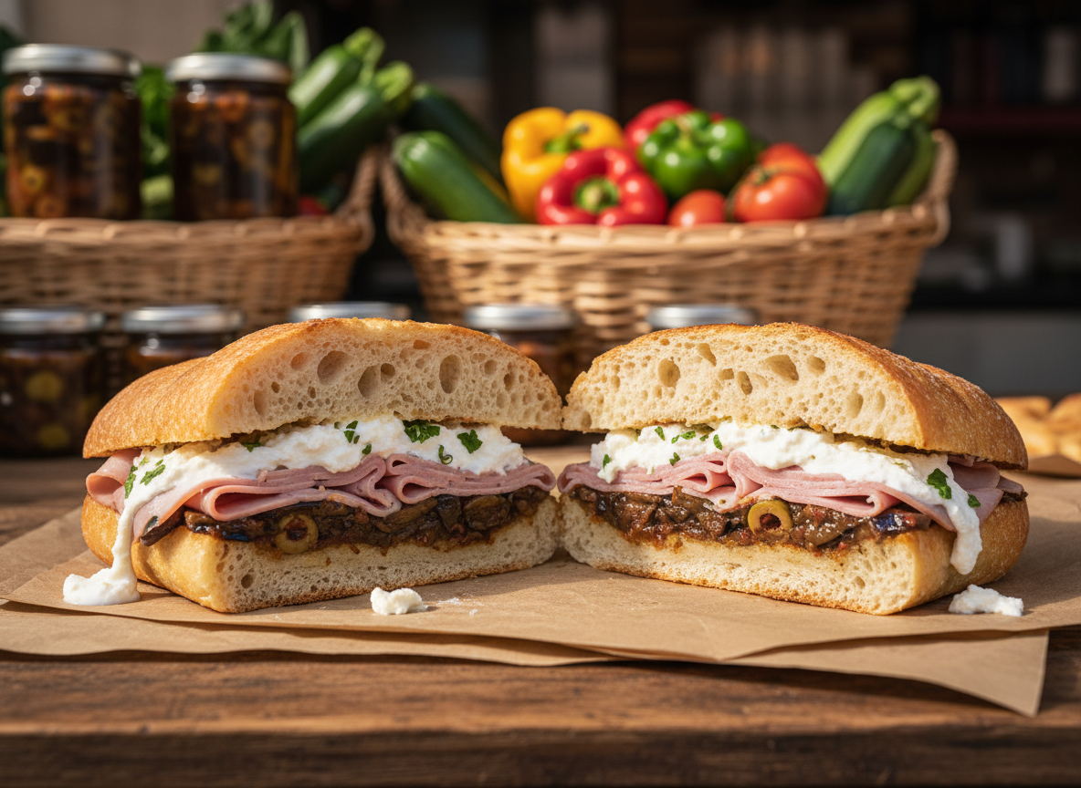 A close-up of a thick focaccia sandwich cut in half to reveal playful layers: pillowy bread with a golden crust, generously stuffed with glossy caponata, silky slices of mortadella, and creamy stracciatella gently oozing from the edges. The sandwich rests on brown parchment atop a simple wooden stall counter at a small market, with jars of canned caponata and baskets of fresh vegetables softly blurred behind. Warm, diffused afternoon light from the side highlights the textures of the filling and the airy crumb. Shot at eye level with shallow depth of field, the composition centers the cut edge, creating an inviting, mouthwatering, photographic image.