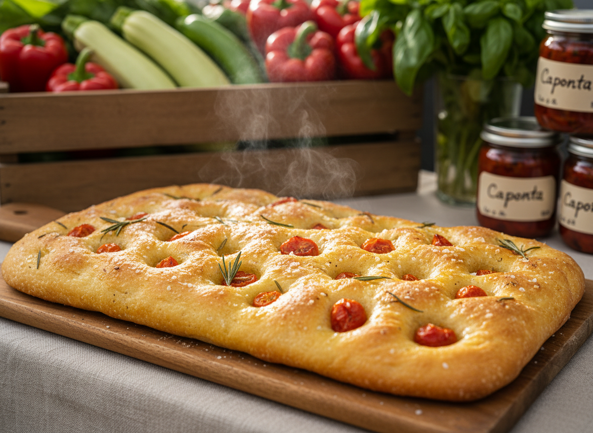 A golden, oven-fresh sheet of classic Italian focaccia, its surface dimpled and glistening with extra-virgin olive oil and coarse sea salt, fills a rustic wooden board. Sprigs of fresh rosemary and scattered cherry tomato halves are baked into the airy, open crumb, revealing pockets of steam. The bread is set on a simple linen cloth at an outdoor Sutton summer market stand, with blurred crates of local produce and canned caponata in the background. Soft late-morning natural light creates gentle highlights on the crust and subtle shadows in the dimples. Captured at a slightly elevated, three-quarter angle with shallow depth of field, in vibrant, photographic realism and a playful, welcoming mood.