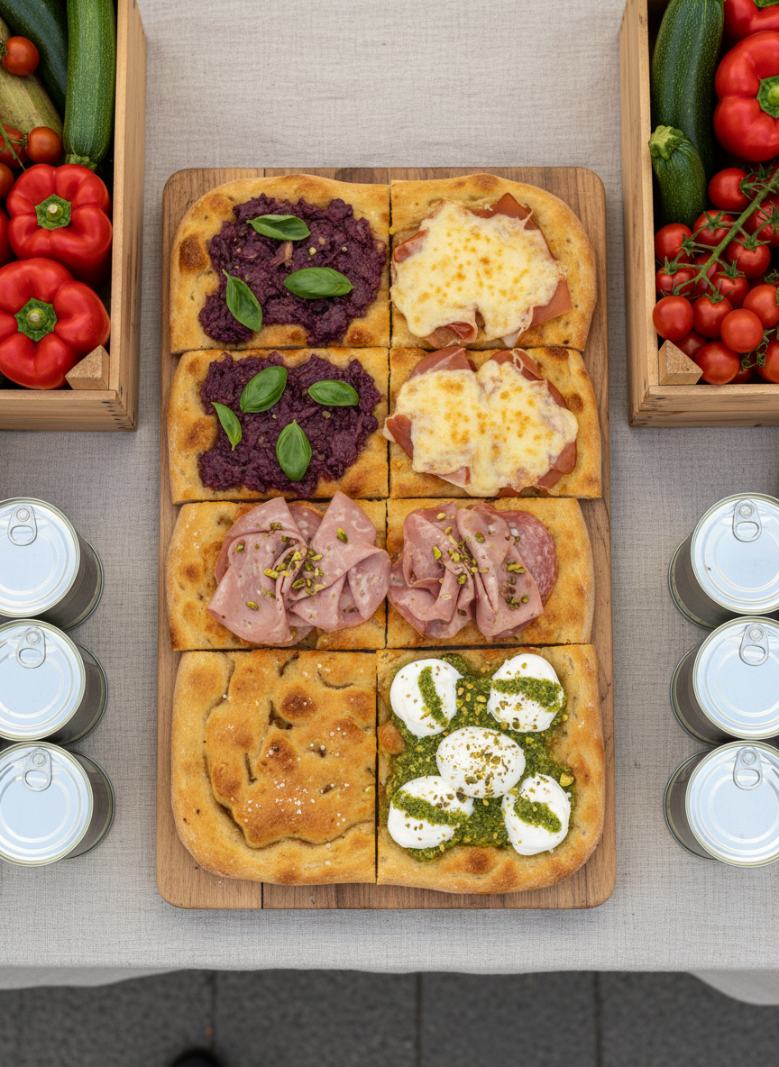 An assortment of small, rectangular focaccia slices arranged in a casual, playful grid on a large wooden platter: one topped with caponata and torn basil, another with ham and melted cheese, a third with mortadella and pistachios, and a fourth with dollops of stracciatella and pesto. The platter sits on a market stall draped with a neutral linen cloth, flanked by neat stacks of unlabelled canned caponata and rustic crates of vegetables, all softly out of focus. Bright but diffused daytime light from above creates crisp, appetizing detail without harsh shadows. Shot from a top-down, bird’s-eye view, the composition is clean and organized, with photographic realism and a fun, tasting-menu mood.